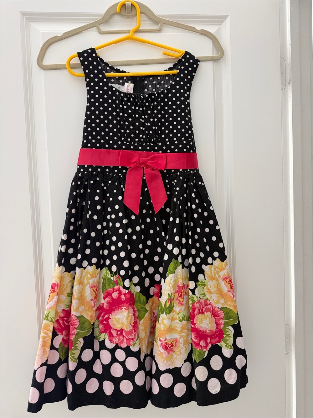 Ashley By 26 International Black Polka Dot Dress with Pink Bow and Floral Hem